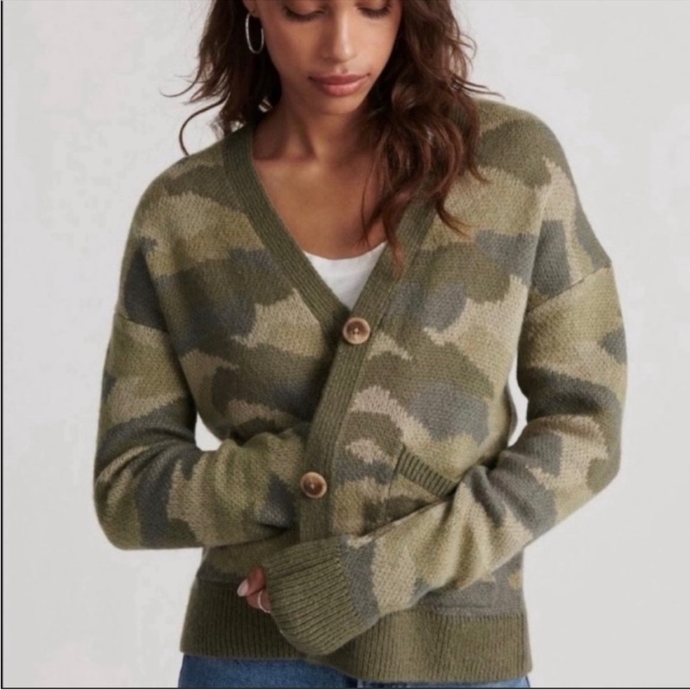 NWT Lucky Brand Camo Knit Button Front Sweater Small Grandpa Cardigan